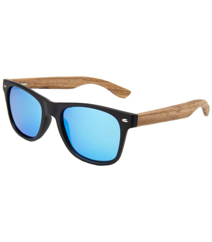 Gafas de sol Ocean Beach Wood Black Blue de madera negra y bambú con lentes polarizadas azul espejo.