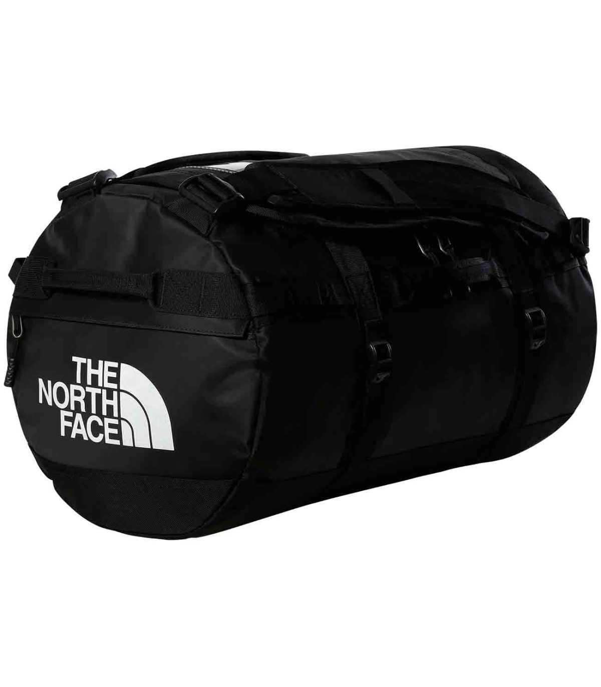 Bolsa The North Face Base Duffel S negra 50L, resistente al agua, convertible en mochila y apta para equipaje de mano.