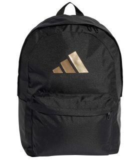 Mochila negra Adidas Classic con logotipo 3 Bar frontal, capacidad 27 litros y estilo deportivo minimalista.