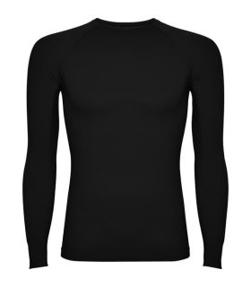 Camiseta térmica negra Roly Prime unisex, transpirable y elástica para entrenamiento deportivo en frío.