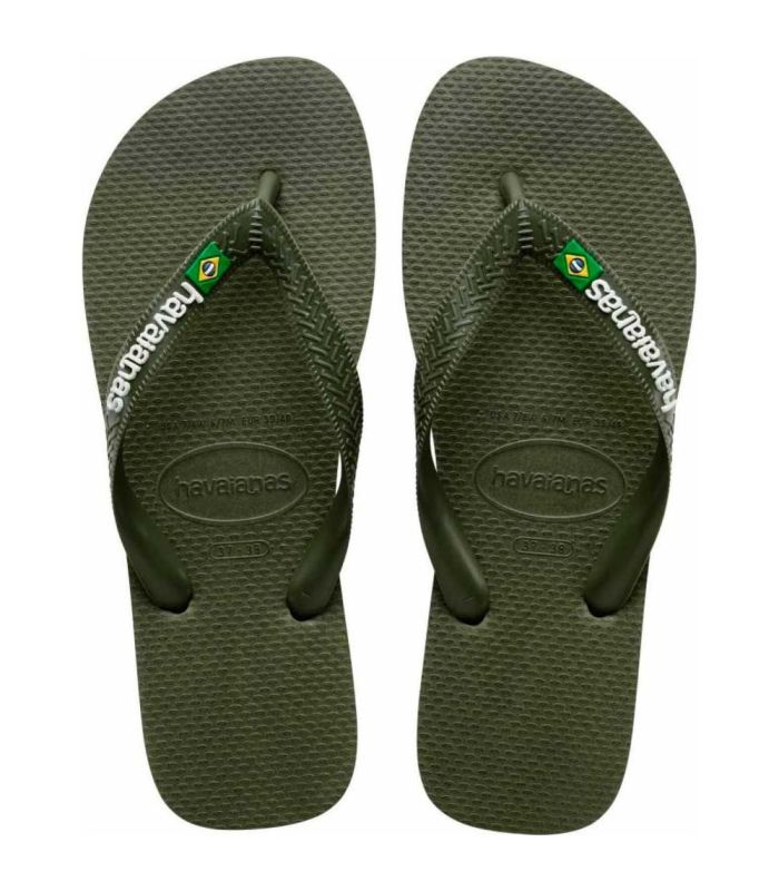 Chanclas Havaianas Brasil Logo Musgo de goma verde con bandera de Brasil, diseño ergonómico y deportivo.