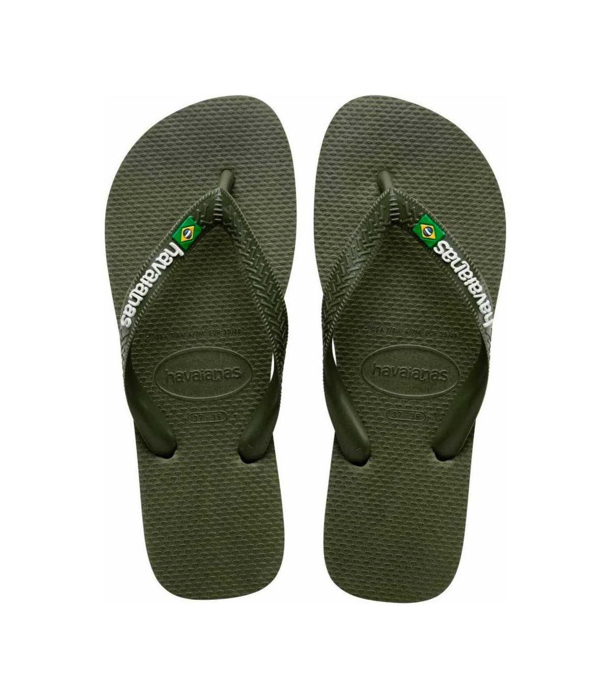 Chanclas Havaianas Brasil Logo Musgo de goma verde con bandera de Brasil, diseño ergonómico y deportivo.