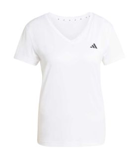 Camiseta técnica Adidas para mujer con cuello de pico y tejido transpirable de entrenamiento.